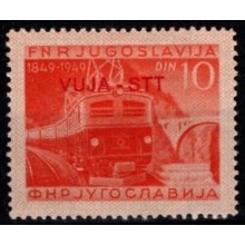 Jugoslavien 100-års jernbanejubilæum. Rødt overtryk. Ustemplet.